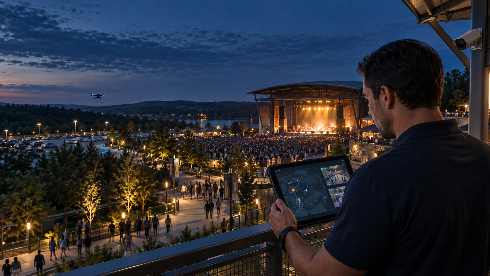 Operator monitoring a concert venue and crowd with a tablet at dusk